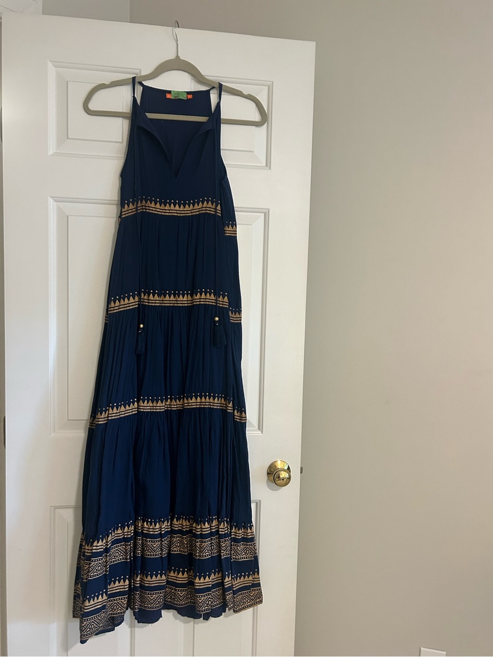 Oliphant Navy Sleeveless Maxi Dress with Gold Trim